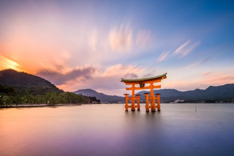 Hiroshima, Japan - December 3, 2015: The Floating Tori Gate of Itsukushima Shrine off the coast of Miyajima Island. The shrine dates from the mid-16th century.
